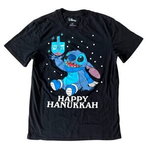 Disney Lilo Stitch Happy Hanukkah Crew Neck Graphic T-Shirt Womens Medium Black